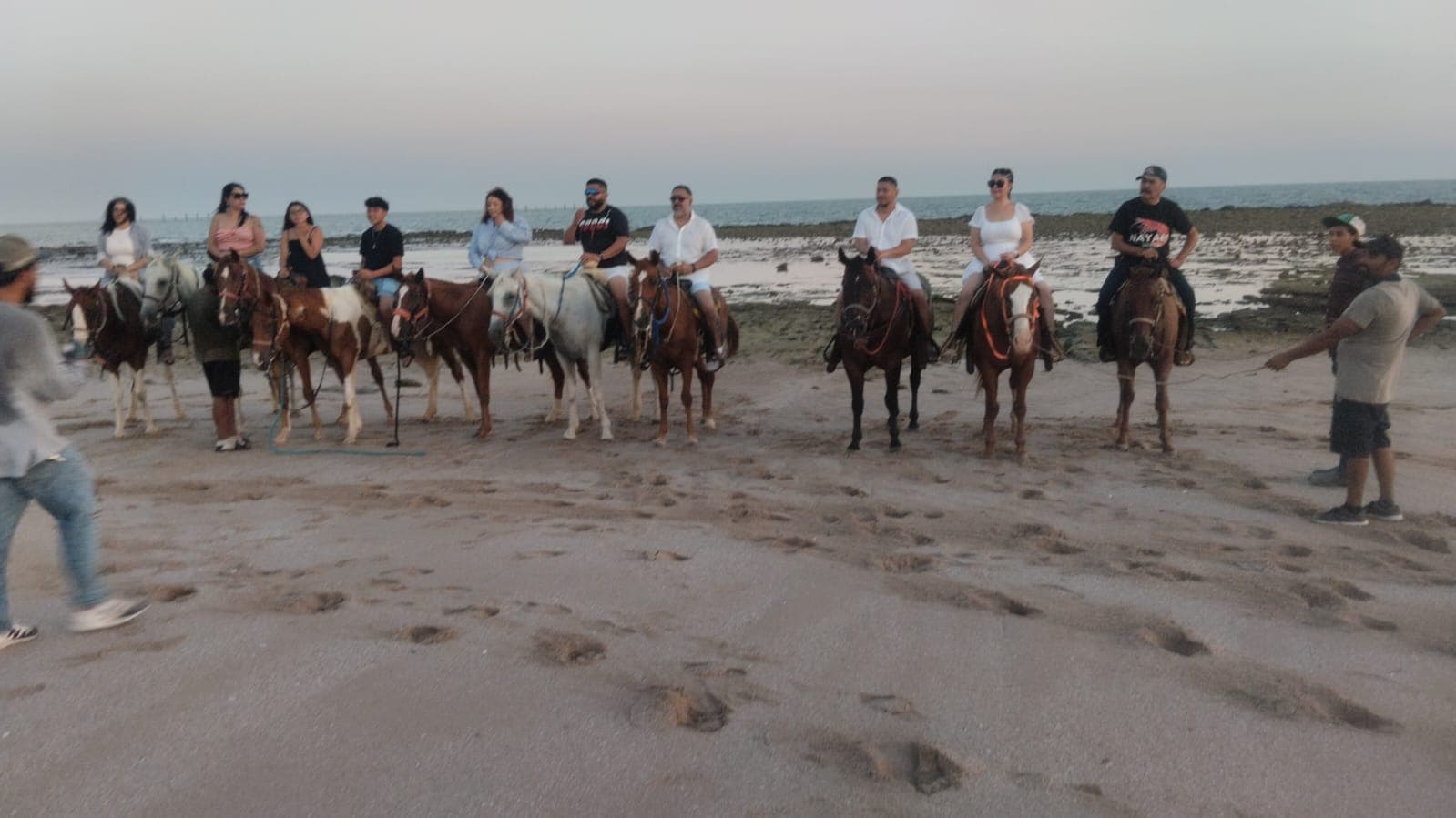 Large group horseback riding at sunset